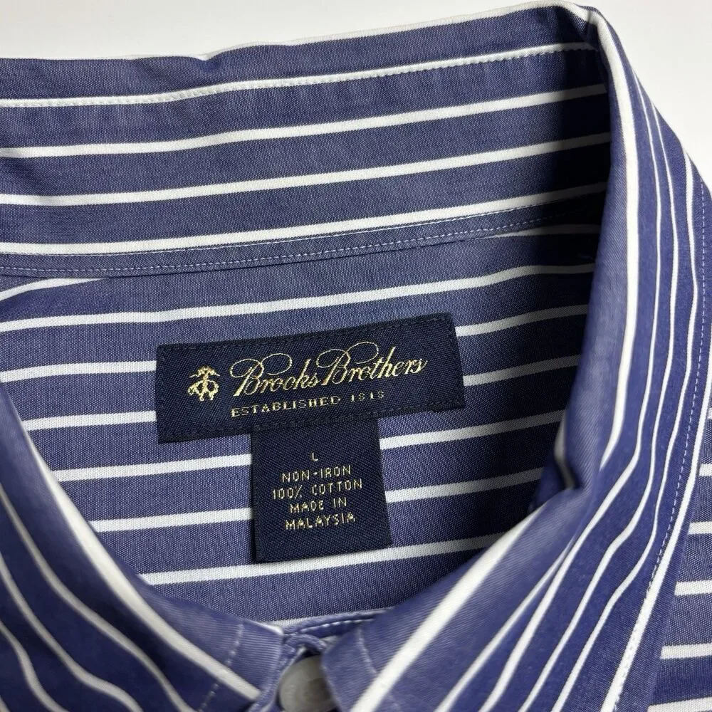 Brooks Brothers Navy Blue Stripped Non iron‎ Men L Button Down Shirt Long Sleeve - Picture 7 of 7